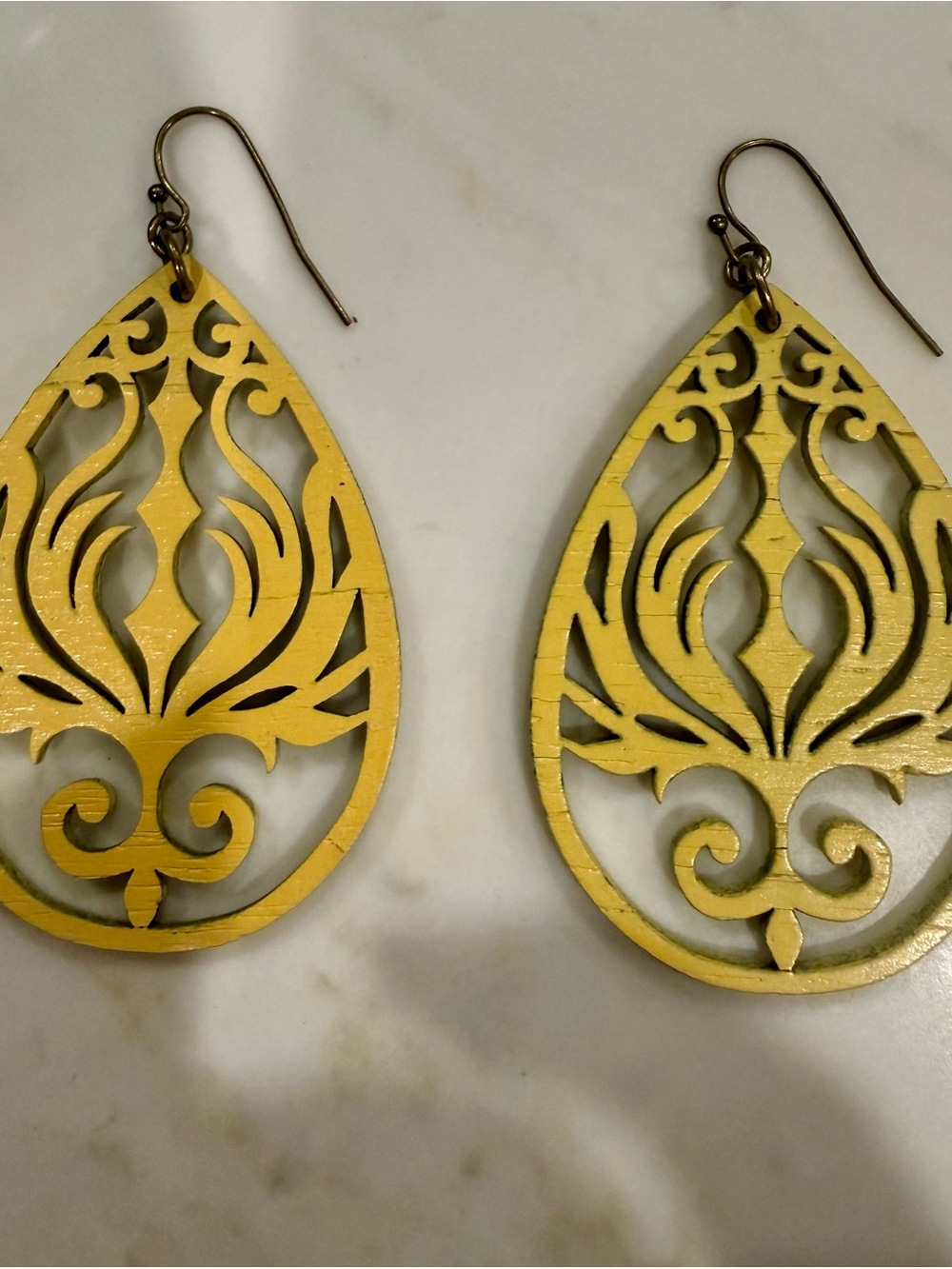 Yellow Teardrop Wood Cutout Earrings